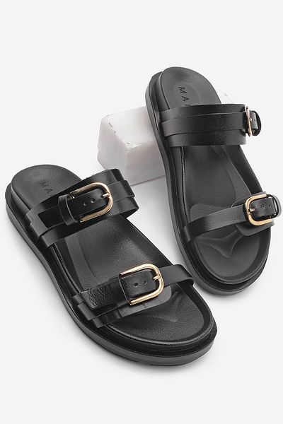 Marjin Women's Daily Black Tanva, Black Genuine Leather Buckle Slippers