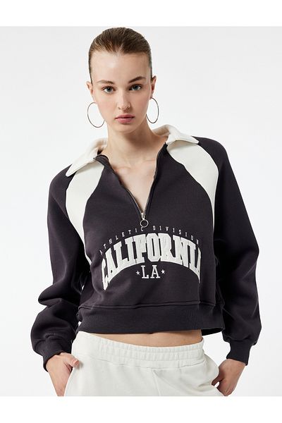 Koton Raised Embroidered Half Zip Collar Oversize Crop Sweatshirt