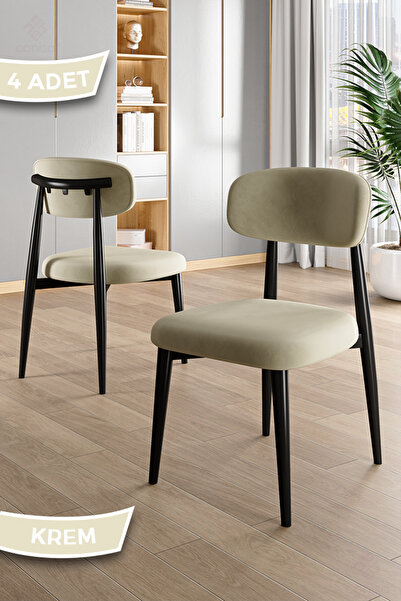 Canisa Laos Serisi 4 Adet Krem Mutfak Sandalyesi Siyah Metal İskeletli 1. Sın...