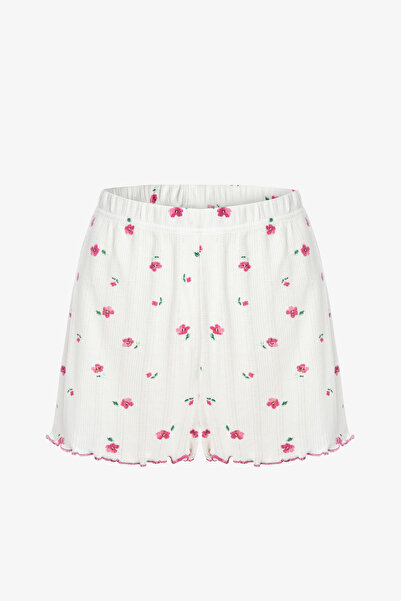 koza iç giyim Kadın Çiçek Desenli Fiyonklu Kaşkorse Kısa Kollu Şort Takım