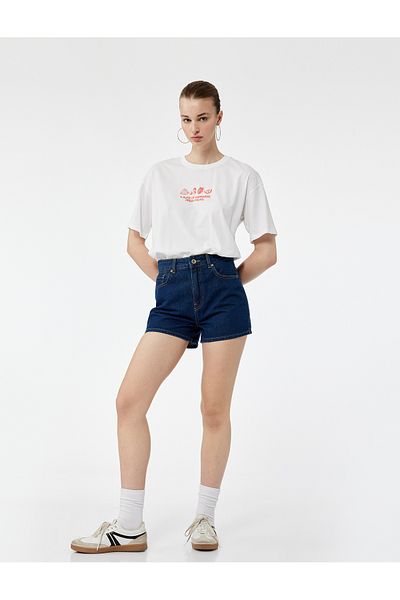 Koton Short Sleeve Crew Neck Fruit Embroidered Cotton Oversize T-Shirt