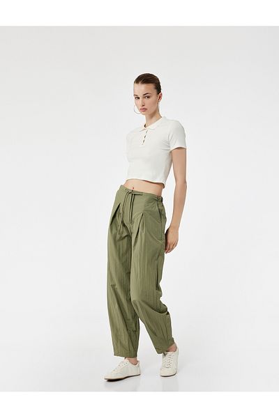 Koton Flat Leg Comfortable Fit Parachute Pants with Tie-Up Waist and Pockets