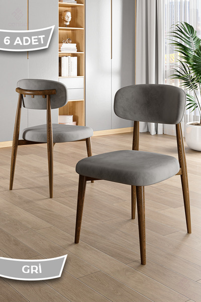 Canisa Laos Serisi 6 Adet Gri Mutfak Sandalyesi Ahşap Kaplama 1. Sınıf Babyfa...