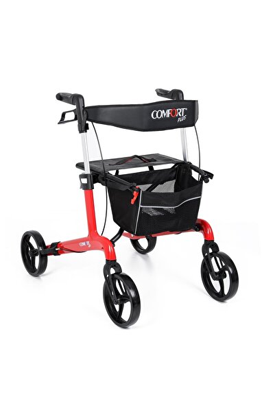 Comfort Plus Rolatör Yürüteç Kırmızı| Carbon Fiber Şase, Katlanabilir Oturaklı ve Sepetli Spirit-X4