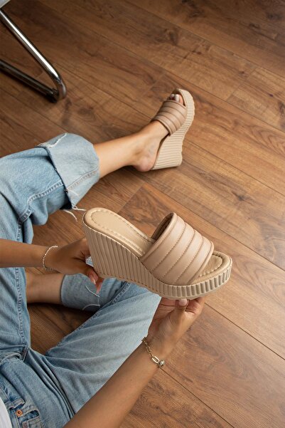 Modanizm Mystic Wedge Heeled Cream Slippers