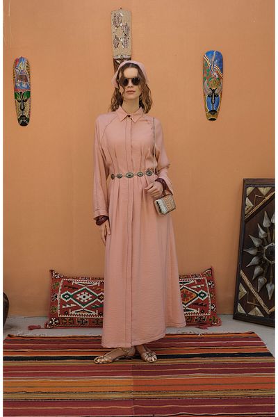 Fatma Atasoy Αθλητικό ραμμένο με ραβδώσεις απαλό ροζ φόρεμα