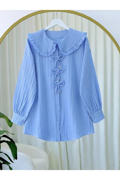 Modamorfo Buttoned Shirt with Ribbon Detail on the Front - Blue