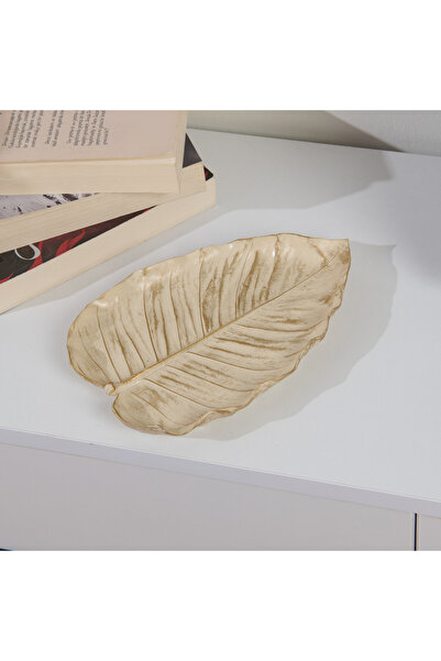 Evidea Deco Leaf Dekoratif Tabak - Beyaz / Gold - 24x16 cm