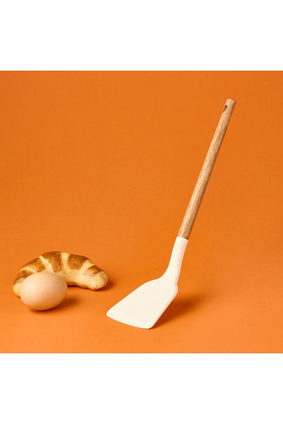 AROW Wooden Handle Silicone Wide Spatula - Cream / Brown