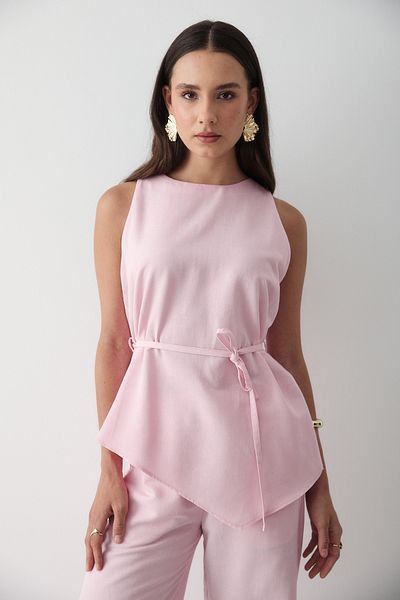 JASTE Women's Pink Linen Crew Neck Vest Belted Trousers Suit