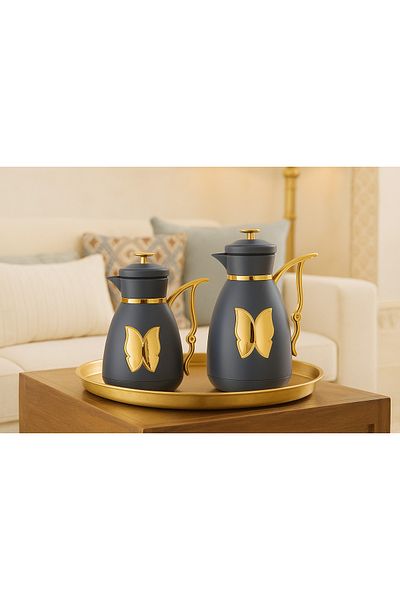 ALSAIF Coffee And Tea Vaccum Flask Set In Grey/gold / Leak-proof And Keeps Drinks Hot 1.0/1.0 Liter