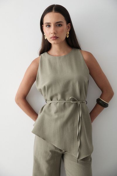 JASTE Women's Khaki Linen Crew Neck Vest Belted Trousers Set