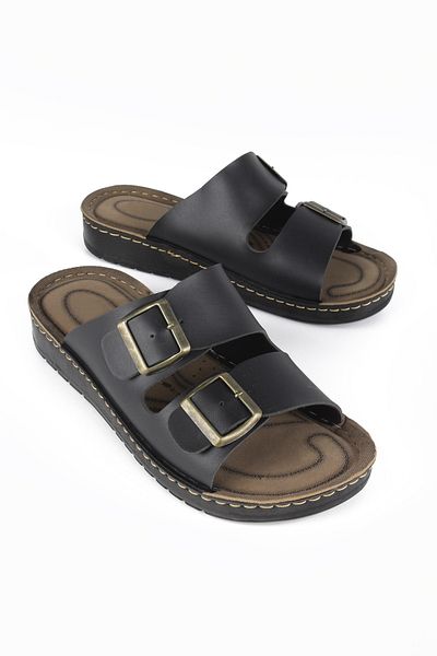 LUGMO Faux Leather Eva Slippers Stitched Metal Double Buckle Men's Comfort Lightweight Non-Slip Black