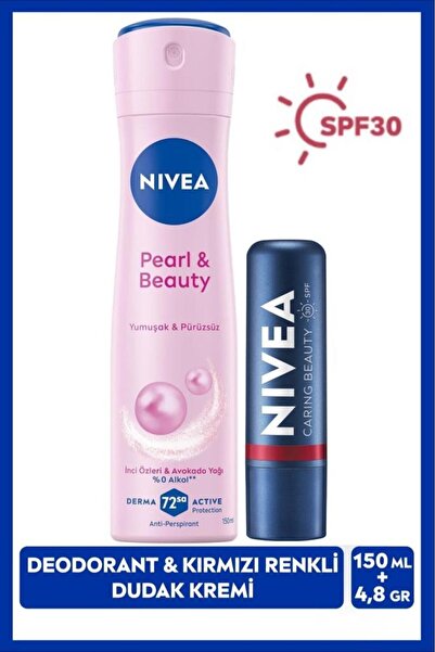 NIVEA Spf30 Güneş Koruyucu Nemlendirici Kırmızı Renkli Dudak Kremi Ve Sprey Deodorant Pearl&beauty 150ml