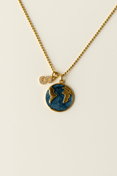 Narflake Altın Kaplama Dünya Firgürü ile Tasarlanmış Harfli Kolye - Çelik Kadın Kolye