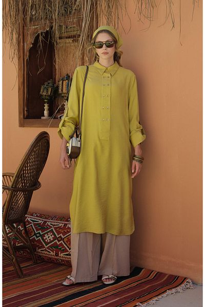 Fatma Atasoy Wide Placket Maxi Oil Green Tunic