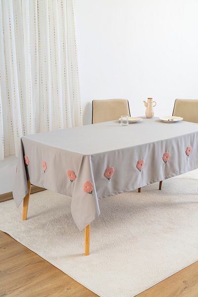 Rivaİstanbul Florita Gray Punch Embroidered Worry-Free Stain-Proof Table Cloth 160X220 cm