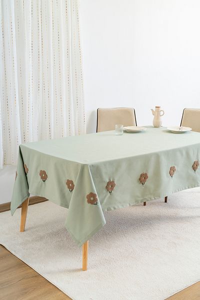 Rivaİstanbul Покривка за маса Florita Green Punch, бродирана, безпроблемна, устойчива на петна, 160x220 см