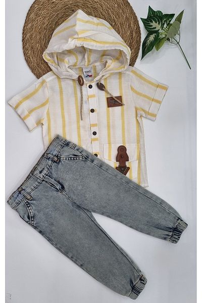 Uğur bebe Boy's Hooded Striped Shirt and Jeans Set |   Summer Stylish Combination (Last 1 Piece)