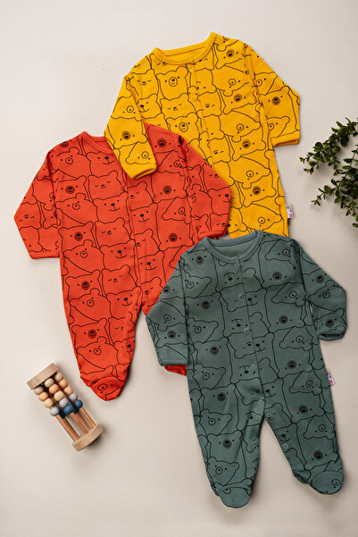 mybabydukkan Erkek Bebek Ayı Baskılı Pamuklu 3 Lü Tulum Seti