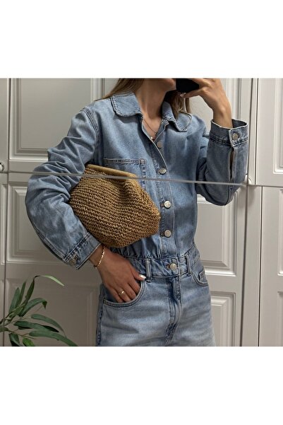 örgü İçi Astarlı Hasır Clutch Örme Burslu Günlük Şık El Çantası