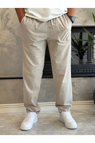 ECARTS Men's Waist Lace-Up Baggy Fit Linen Trousers Beige Eca005