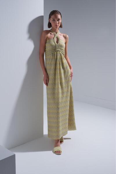 JOIN US Zikzak Desenli Boyundan Bağlamalı Sarı Maxi Elbise