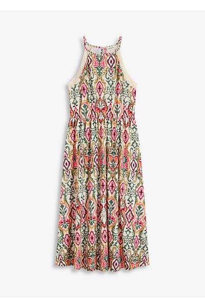 Şans Women's Plus Size Beige, Lace Detail Halter Neck Dress with Rope Strap 65N38971