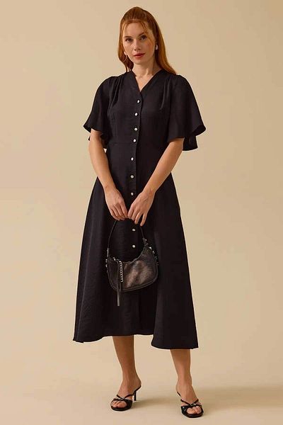 SEÇİL Women's Button Detailed Flounce Sleeve Midi Dress - Black