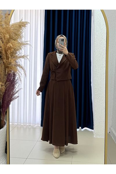 MİHRA STORE Ela Jacket Side Tie Interlock Skirt Suit-Ek-Z-227 Brown