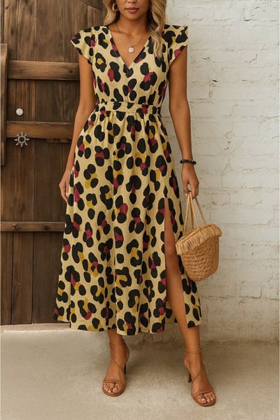 Viyamo New Season Women's Short Sleeve V-Neck Leopard Print Side Slit Single Jersey Dress
