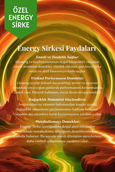Mim and More Energy Sirke - Ginseng ve Keçiboynuzlu, %100 Doğal, Enerji Sirkesi, 250 Gr