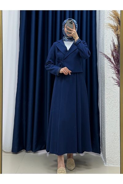 MİHRA STORE Ela Jacket Side Tie Interlock Skirt Suit-Ek-Z-227 Navy Blue