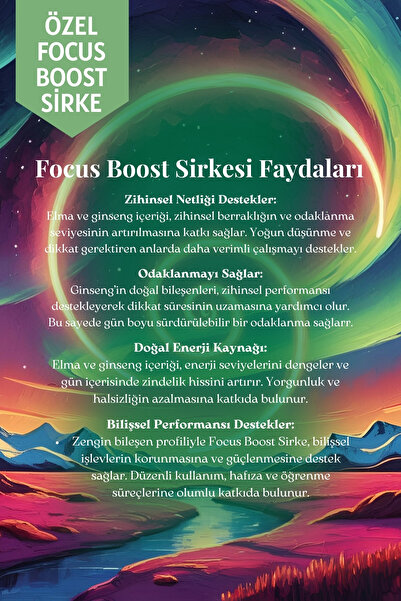 Mim and More Focus Boost Sirke – Elma ve Ginseng Özlü, %100 Doğal, Katkısız Sirke, 250 ml