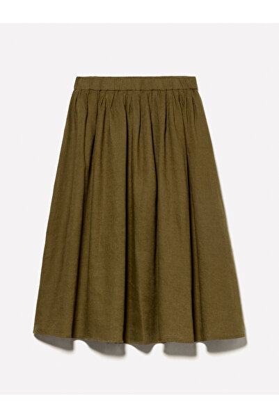 Sisley Women's Dark Khaki 100% Linen Elastic Waist Pleated Slightly Flared Knee Length Skirt