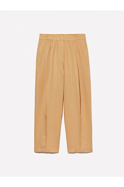 Sisley Kadın Kese Kağıdı %100 Keten Önü Pile Detaylı Yüksek Bel Jogger Pantolon