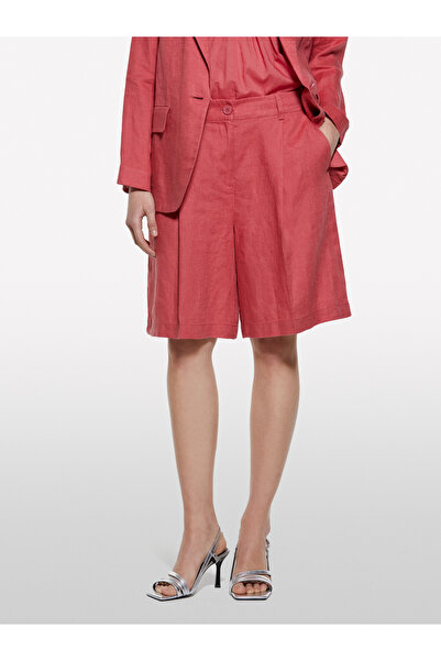 Sisley Women's Dark Pink 100% Linen Pleated High Waist Bermuda Shorts