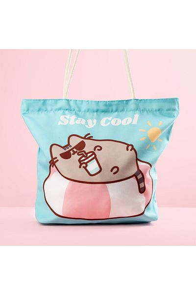 Pusheen Beach Bag With Zipper, The Cat, Funny Message Stay Cool, Turquoise