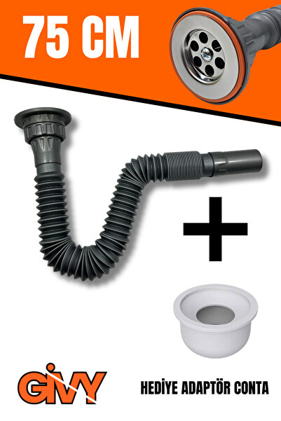 GİVY Aqua Gri Rakorlu Körüklü Lavabo Sifonu 75 Cm | Esnek Evye Gider Hortumu | Mutfak & Banyo Uyumlu