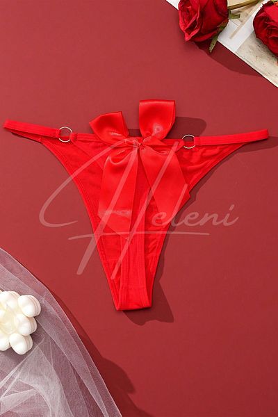 Heleni Black and Red String Thong with Bow, Fancy Underwear with Metal Ring Detail