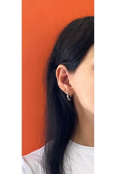 marsel aksesuar Xuping Square Stone Detail Medium Size Silver Hoop Earrings