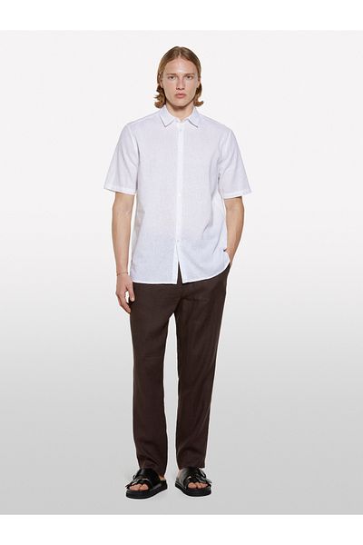 Sisley Men's white linen blend regular fit short sleeve shirt