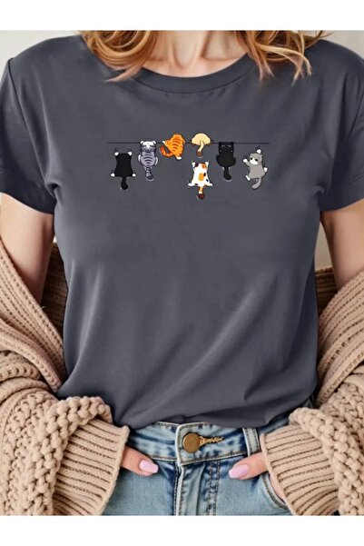 EXPECTED Γυναικείο μπλουζάκι από βαμβάκι με στάμπα Anthracite Cute Cats, Over...