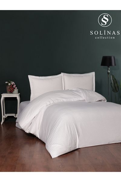 Solinas Collection Lunaria Striped White 100% Cotton Satin Double Duvet Cover Set