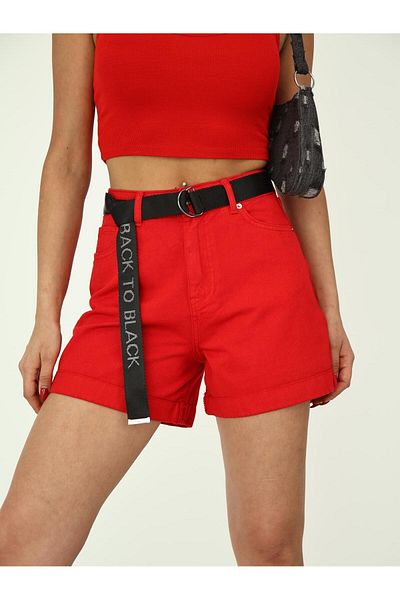 XBELLA DENİM Women's High Waist Double Leg Pink Belted Shorts