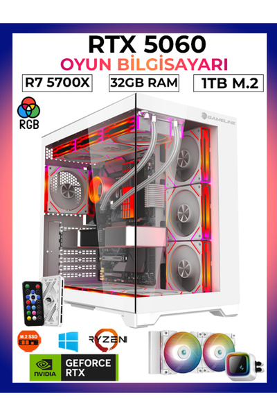 GAMELİNE Pro X1 Ryzen 7 5700X 32GB RAM 1TB M.2 Nvme SSD RTX5060 Sıvı Soğutmalı Oyuncu Masaüstü Bilgisayar