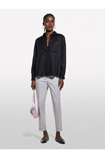 Sisley Γυναικείο μαύρο πουκάμισο 100% λινό με κουμπιά και μακρυμάνικο πουκάμισο με τσέπη στο στήθος