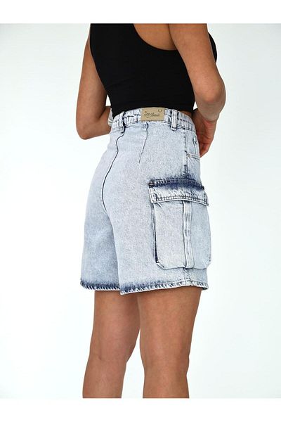 XBELLA DENİM Pantaloni scurți din denim cu talie înaltă pentru femei, cu buzunar cargo și detaliu de clemă