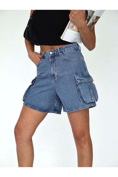 XBELLA DENİM Pantaloni scurți din denim cu talie înaltă pentru femei, cu buzunar cargo și detaliu de clemă