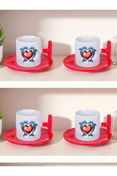 lili hediyelik Heart and Dolphin Printed Set of 4 Turkish Coffee Cups